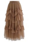 Exquisite Tiered Ruffle Mesh Tulle Skirt in Caramel