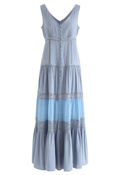 Crochet Trims Panelled Button Down Sleeveless Maxi Dress in Dusty Blue