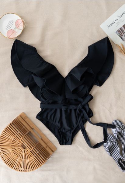 Plunging V-Neck Ruffle One-Piece Swimsuit in Black