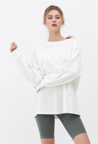 Long Sleeves Loose Pullover Sweatshirt in White