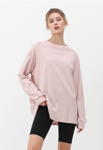 Long Sleeves Loose Pullover Sweatshirt in Pink