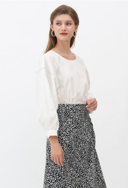 Contrast Line Puff Sleeves Loose Top in White