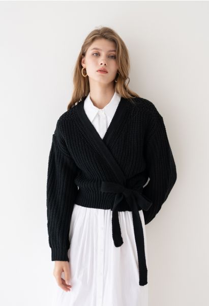 Wrap Bowknot Chunky Knit Sweater in Black