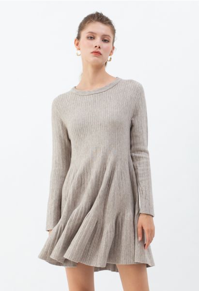 Frilling Hem Round Neck Knit Dress in Sand