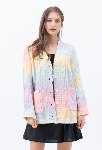 Rainbow Ombre Button Down Cable Knit Cardigan