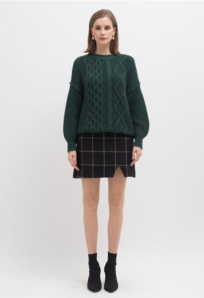 Black Grid Wool-Blend Mini Bud Skirt