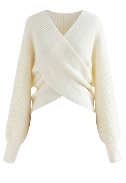 Crisscross Ribbed Knit Crop Sweater in Ivory