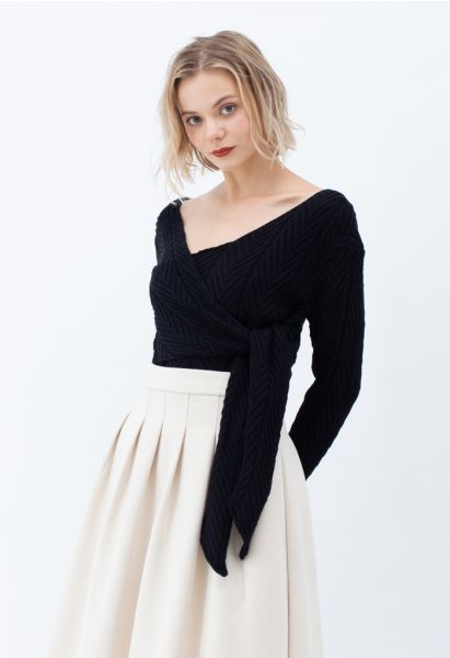 Plunging Wrap Tie Crop Knit Sweater in Black