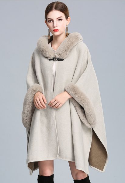 Cozy Faux Fur Hooded Poncho in Sand