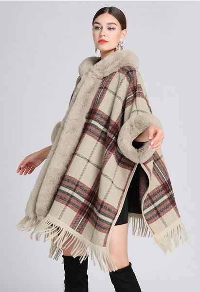 Plaid Fringe Faux Fur Hooded Poncho in Camel