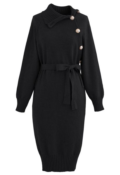 Buttoned Side Flap Collar Knit Midi Dress in Black