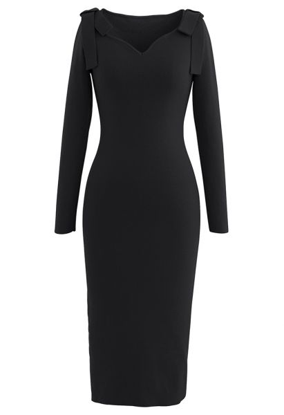 Bowknot Shoulder Split Side Bodycon Knit Dress in Black