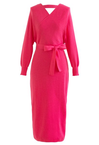 Batwing Sleeve Wrapped Midi Knit Dress in Hot Pink