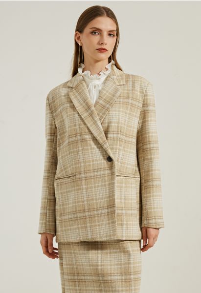 One-Button Front Plaid Wool-Blend Blazer