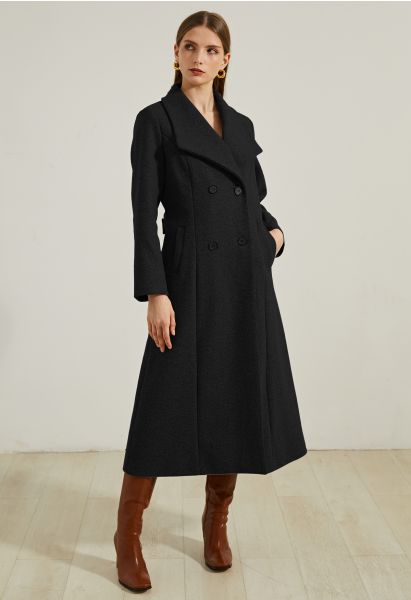 Wide Lapel Double-Breasted Flare Longline Coat in Black