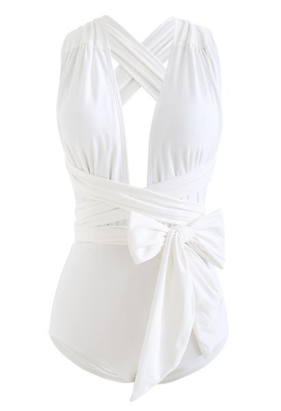 Deep V-Neck Lace-Up One-Piece Swimsuit in White