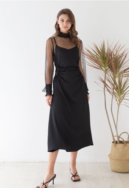 Cutout Waist Textured Cami Dress in Black