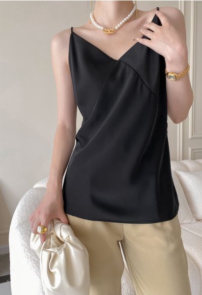 V-Neck Satin Cami Tank Top in Black