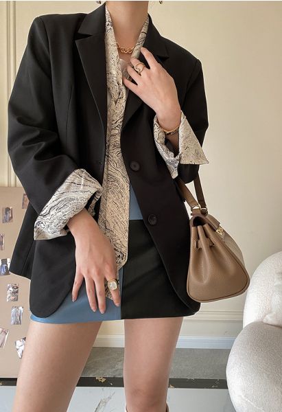 Marble Print Chiffon Scarf Button Down Blazer in Black