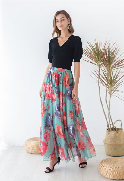 Full-Blown Flowers Chiffon Maxi Skirt