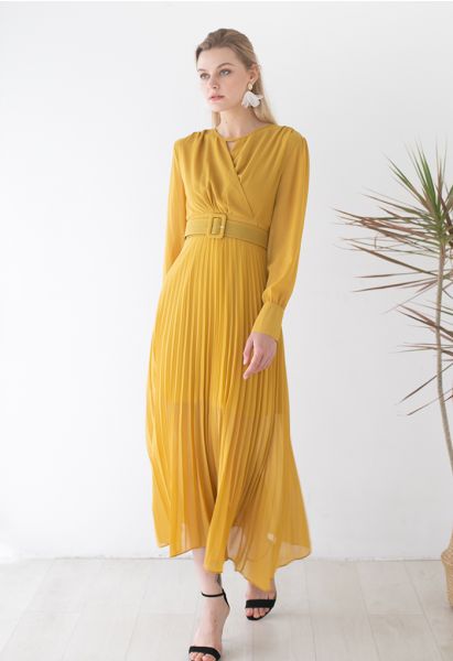 Flowy Chiffon Wrap Pleated Maxi Dress in Yellow