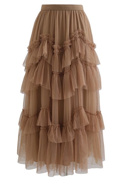 Exquisite Tiered Ruffle Mesh Tulle Skirt in Caramel