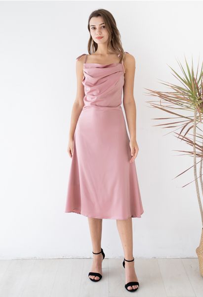 Ruched Cowl Neck Satin Cami Dress in Pink