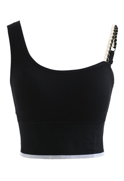 Distinctive Straps Ribbed Bra Top in Black