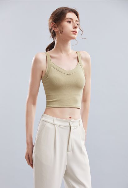 Soft V-Neck Crop Tank Top in Pea Green