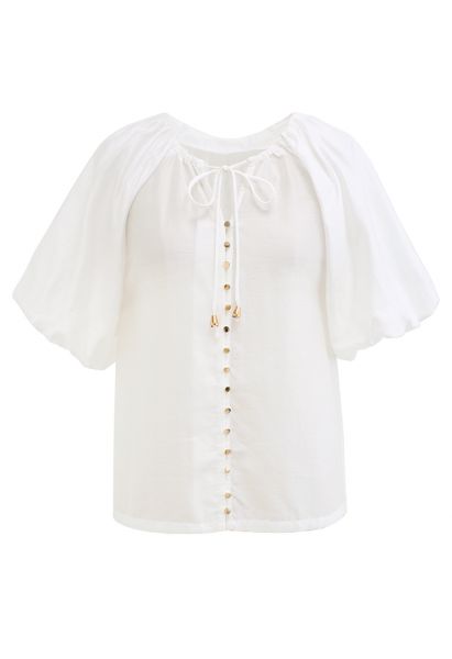 Button Down Bubble Sleeve Top in White