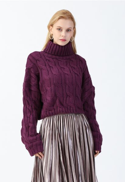 Turtleneck Braid Knit Crop Sweater in Berry