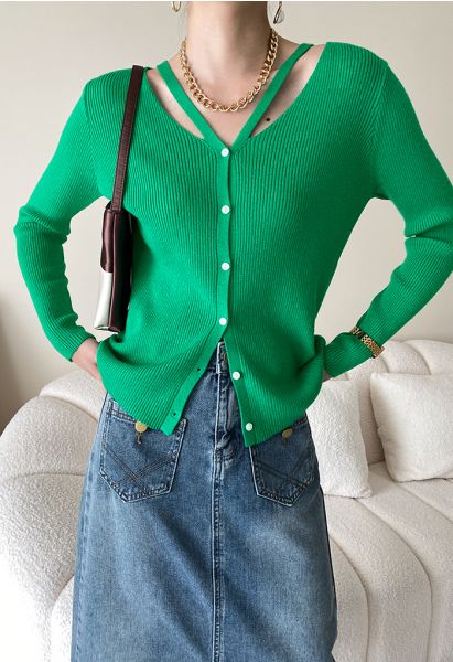 V-Neck Cutout Cozy Knit Top in Green