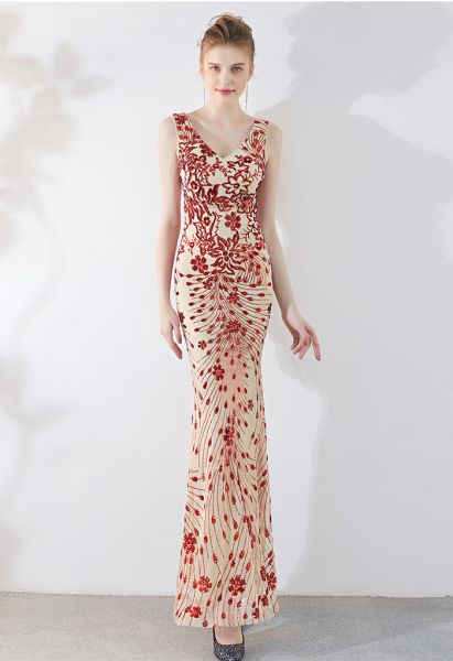 Floral Vine Sequined Mesh Mermaid Gown in Red