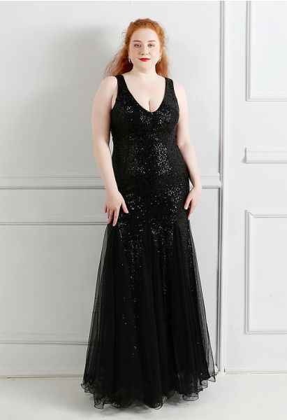 Mesh Panelled Sequined Mermaid Gown in Black