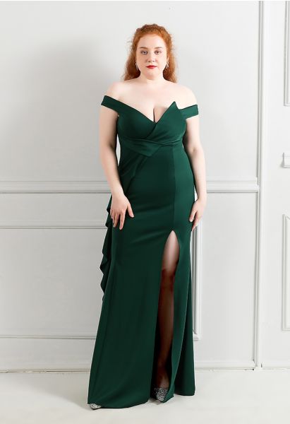 Off-Shoulder Cascade Ruffle Split Satin Gown in Emerald