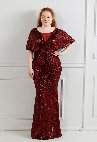 Cape Sleeve Mesh Inserted Sequined Gown in Burgundy