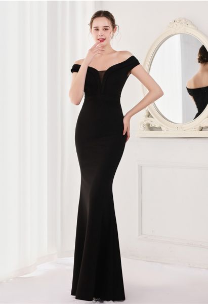 Off-Shoulder Mesh Inserted Satin Gown in Black