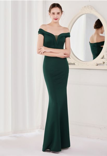 Off-Shoulder Mesh Inserted Satin Gown in Emerald