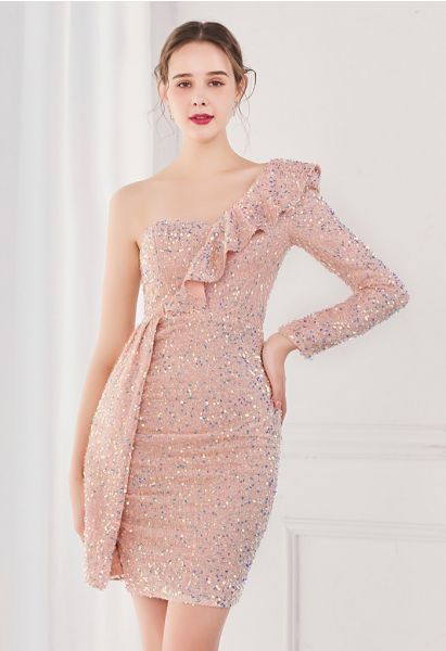 Ruffle One-Shoulder Colorful Sequin Cocktail Dress in Pink