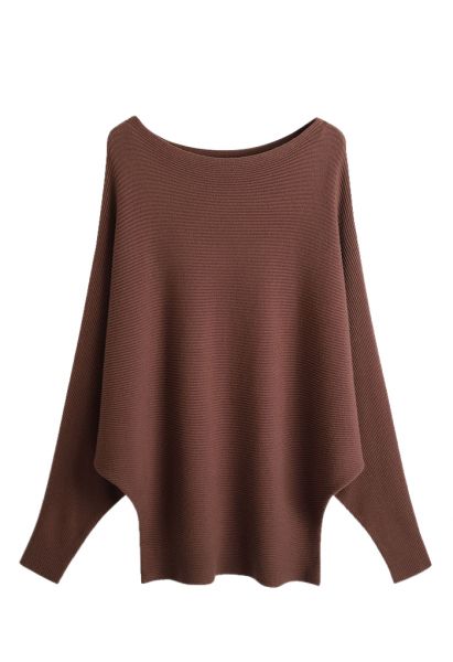 Boat Neck Batwing Sleeves Knit Top in Brown