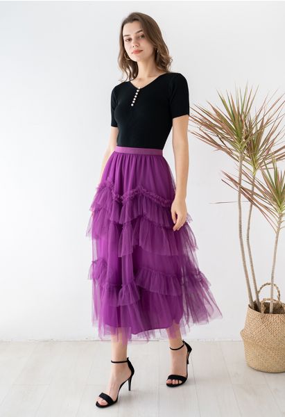 Exquisite Tiered Ruffle Mesh Tulle Skirt in Magenta