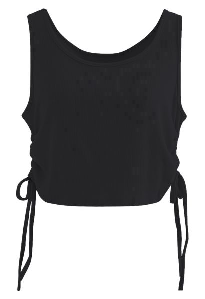 Drawstring Ribbed Cropped Tank Top in Black