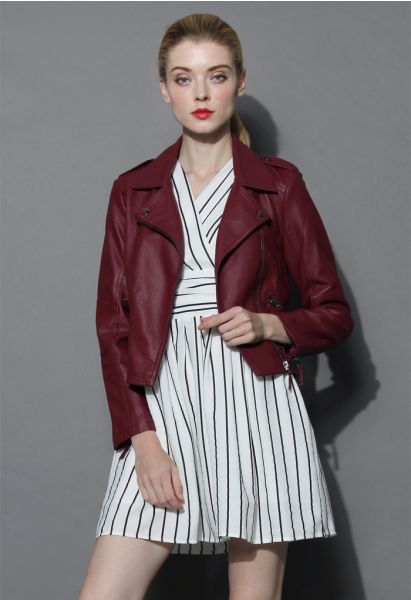 Chic and Stylish Faux Leather Biker Jacket in Wine