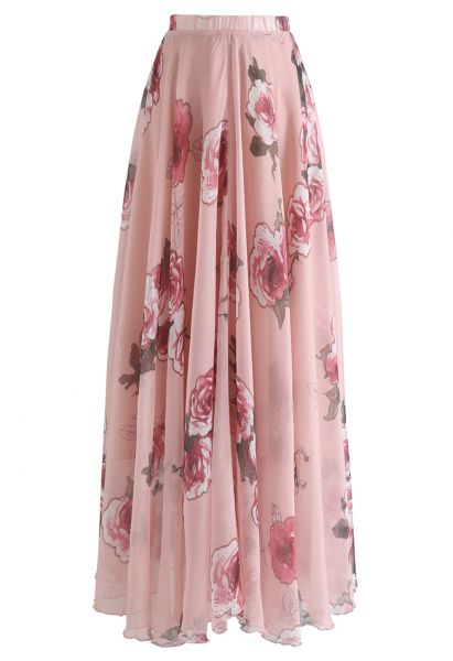 粉色玫瑰印花褶皺長裙