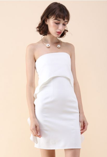 Simplified Elegance Ruffle Strapless Dress in White