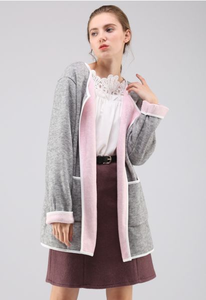 Comfy Contrast Open Front Knit Coat in Grey