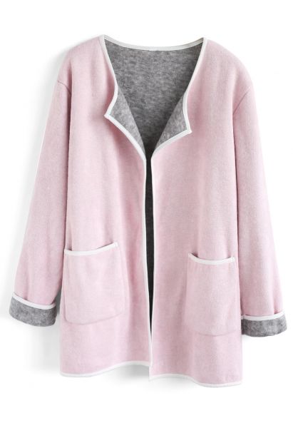 Comfy Contrast Open Front Knit Coat in Pink