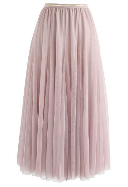 薄紗疊層中長裙- 粉色