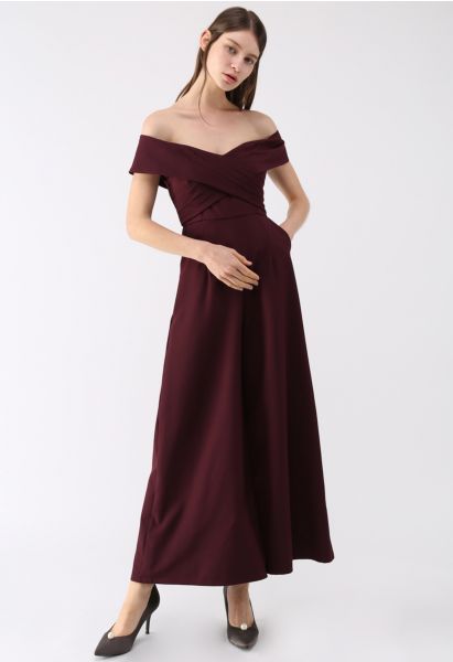 Eternal Sweet Cross Breast Off-Shoulder Jumpsuit in Wine