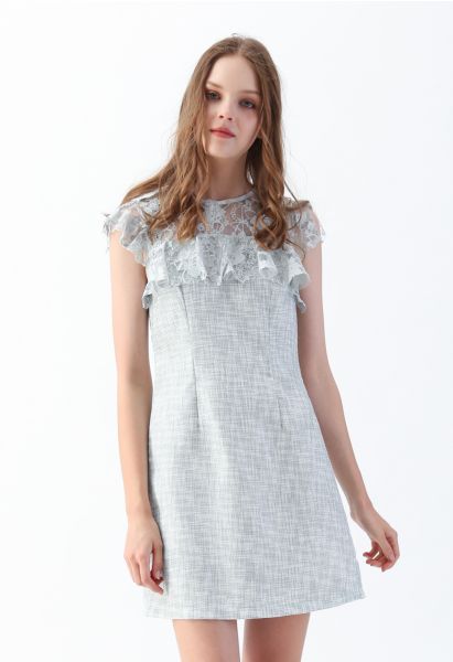 Lace Trim Ruffle Textured Dress in Light Blue